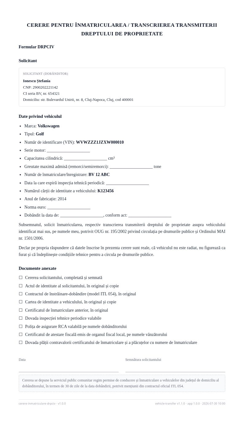 Cerere de transcriere pentru serviciul de înmatriculare