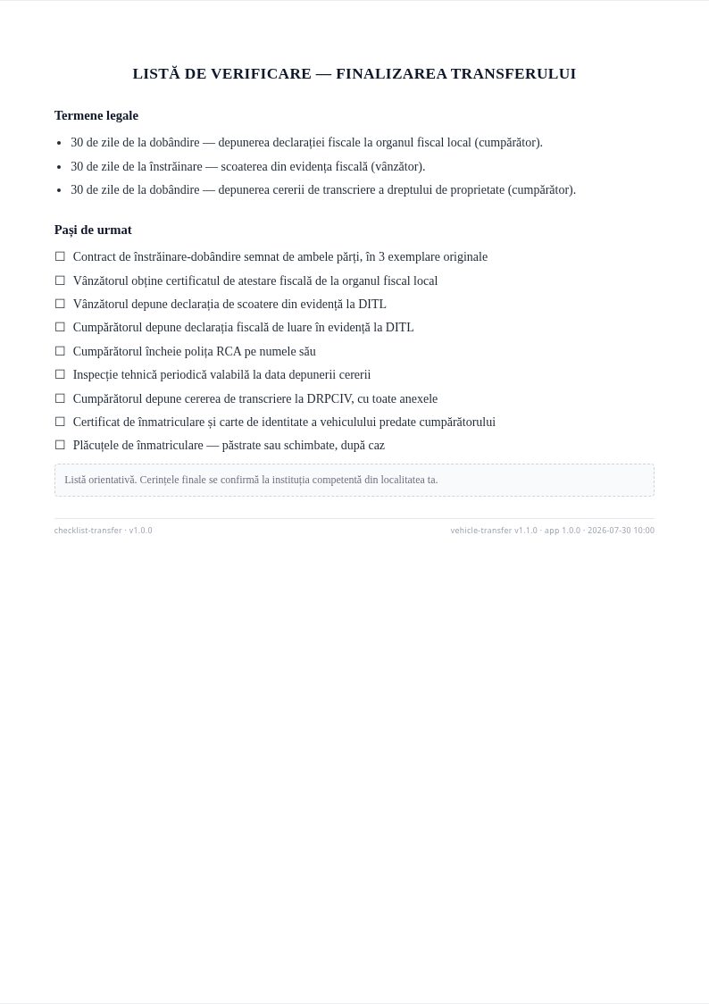 Listă de verificare cu pașii după semnare