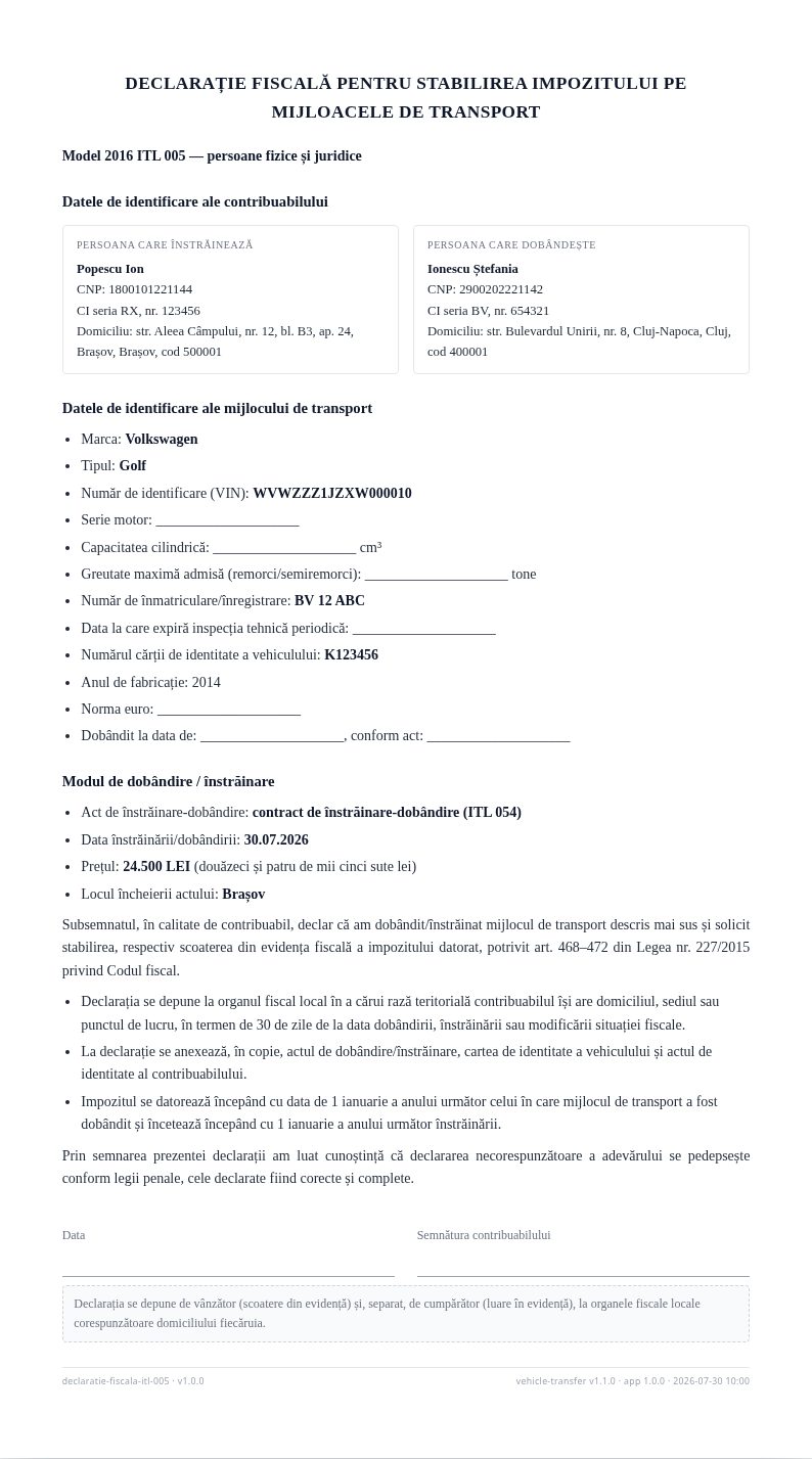 Declarație fiscală (model ITL 005)